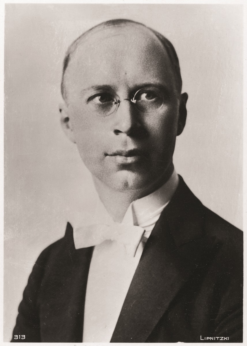 Sergei Prokofiev wearing a black jacket and white bowtie