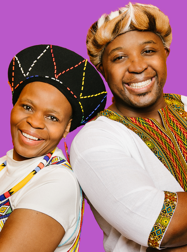 Bongi and Tshidi against a purple background