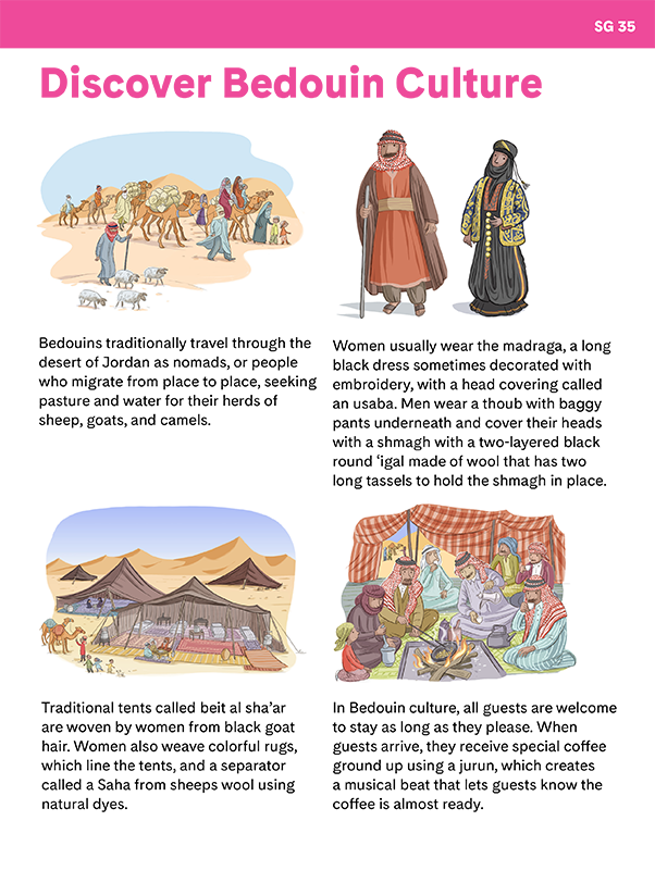 "Discover Bedouin Culture" student worksheet with illustrations of Bedouin people and tents in the desert