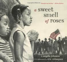 "A sweet smell of roses" book cover depicting two children watching people march past carrying an American flag