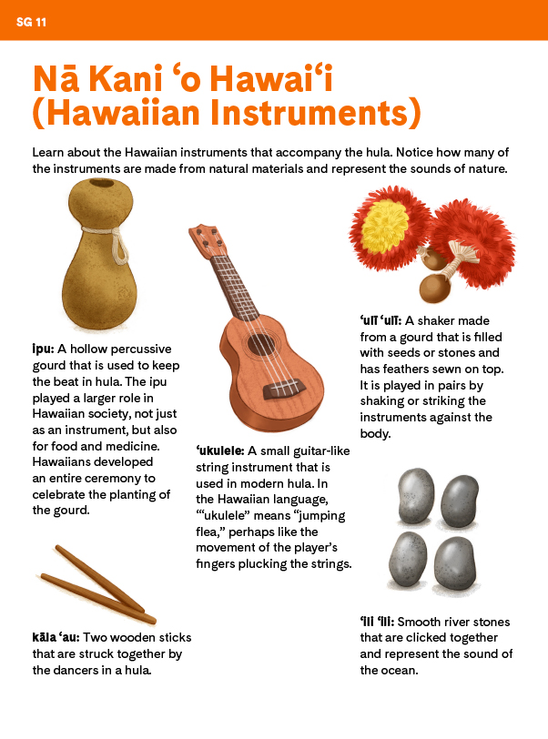 "Hawaiian Instruments" student activity with illustrations of an ipu, ukulele, ‘Uli’Uli, kala’au, and ‘Ili’Ili