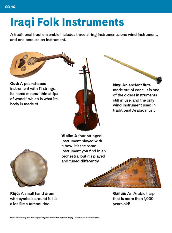 "Iraqi Folk Instruments" student activity with illustrations of an oud, violin, ney, riqq, and qanun