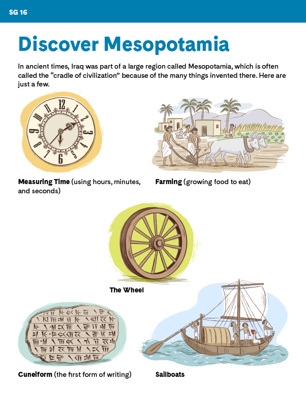 "Discover Mesopotamia" student activity with illustrations of a clock, farmers plowing with oxen, a wagon wheel, cuneiform tablet, and sailboat