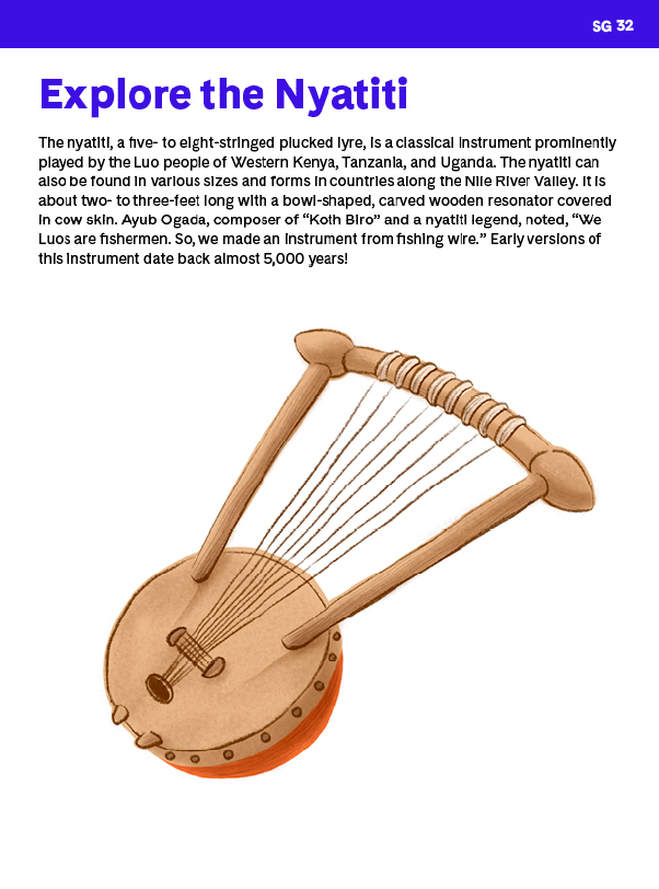 A nyatiti. Eight strings extend from a bowl-shaped resonator to a crossbar that extends the width of the instrument.