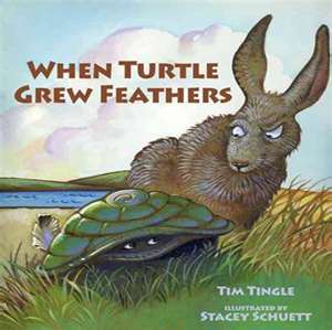 Book cover for "When Turtle Grew Feathers" depicting a turtle and a hare
