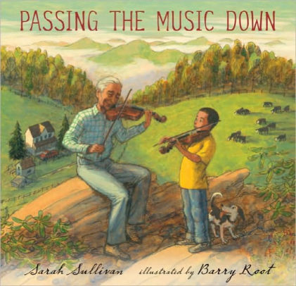 Cover art for "Passing It Down" depicting an older man and a young boy playing fiddle together in the countryside