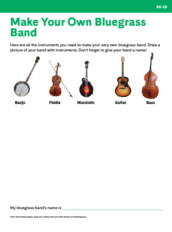 "Make Your Own Bluegrass Band" activity with images of a banjo, fiddle, mandolin, guitar, and string bass
