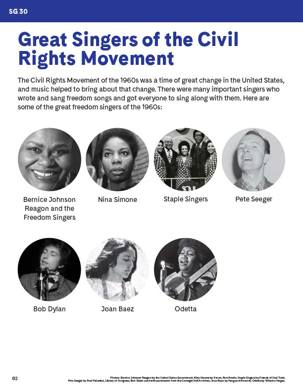 Great Singers of the Civil Rights Movement student activity with images of Bernice Johnson Reagon, Nina Simone, Staple Singers, Pete Seeger, Bob Dylan, Joan Baez, and Odetta