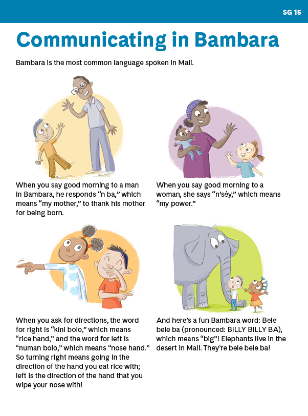 "Communicating in Bambara" with illustrations of adults talking to kids, and an elephant